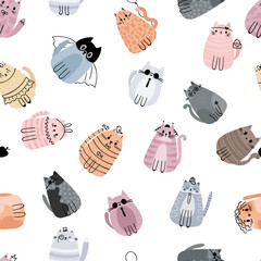 Wall Mural - Cute seamless pattern with stylized cartoon cats. Adorable doodle characters. Design for textile, cloth, paper