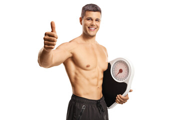 Sticker - Young topless man holding a weight scale and gesturing thumbs up