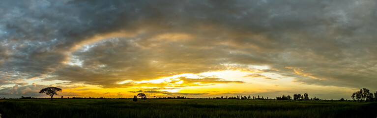 Wall Mural - sunset on a dark background, vivid orange and blue cloudy sky, dramatic sky over the field.