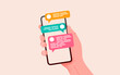 © hobbitfoot - Hand holding phone with messages. Communication and social networking concept. Vector illustration