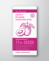 Wall Mural - The Original Finest Chocolate Abstract Vector Packaging Design Label. Modern Typography and Hand Drawn Plum Fruits Sketch Silhouette Background Layout. Isolated