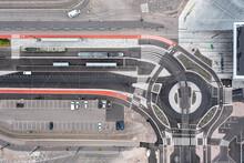 Aerial View Of The Modern Street With The Tram Stop And The Red Bicycles Paths. Helsinki, Finland.