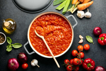 Wall Mural - Tomato sauce culinary concept, top down view