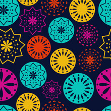 Vector. Perforated Bright Patterns Papel Picado Pattern On A Colored Background. Hispanic Heritage Month. Polygonal Seamless Pattern For Web Banner, Poster, Cover, Splash, Social Network.