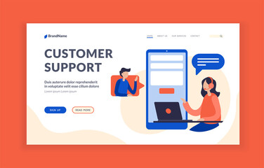 Poster - Customer support. Technical consultant assistance on user request. Hotline for solving problems with companys services. Communication and online chat in application. Vector home page flat banner