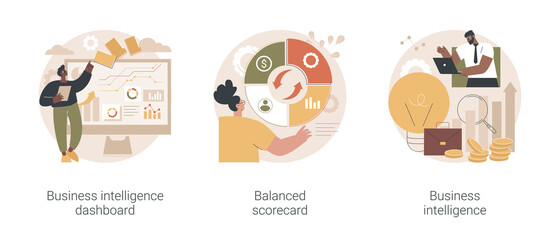 Wall Mural - Performance data visualization abstract concept vector illustration set. Business intelligence dashboard, balanced scorecard, business intelligence, KPI metrics, strategic goals abstract metaphor.