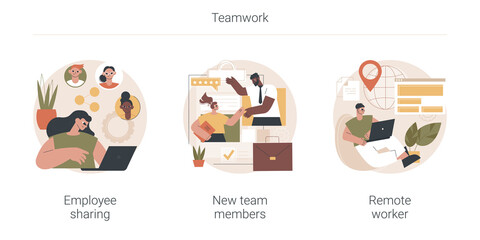Poster - Teamwork abstract concept vector illustration set. Employee sharing, new team members, remote worker, online job, distance team, outsource freelancer, sign contract, adaptation abstract metaphor.