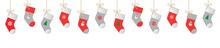 Decorative Christmas Red And Grey Stockings With Pins, Garland For Winter Season Vector Isolated On White Background
