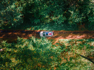 Wall Mural - aerial view woman laying down on suv car roof in the middle of the forest trail road