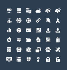 Fototapete - Vector flat icons set and graphic design elements. Illustration with big data and analytics technology solid symbols. Bigdata, database, seo, server, information security glyph pictogram