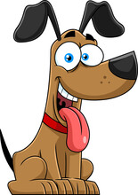 Happy Brown Dog Cartoon Character With Tongue Out. Vector Hand Drawn Illustration Isolated On Transparent Background