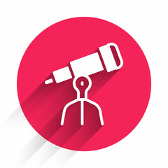 Poster - White Telescope icon isolated with long shadow background. Scientific tool. Education and astronomy element, spyglass and study stars. Red circle button. Vector