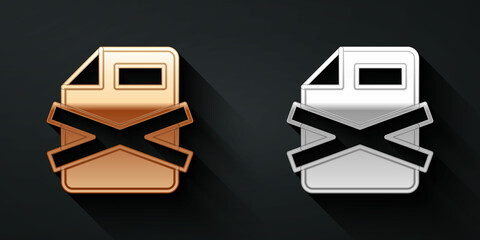 Poster - Gold and silver Delete file document icon isolated on black background. Rejected document icon. Cross on paper. Long shadow style. Vector