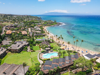 Aerial view of tropical destination with white sand and turquoise water. Kapalua coast in Maui, Hawaii. 