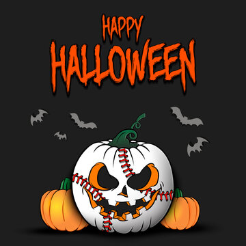 Happy Halloween. Template baseball design. Baseball ball in the form of a pumpkin with pumpkins on an isolated background. Pattern for banner, poster, greeting card, invitation. Vector illustration