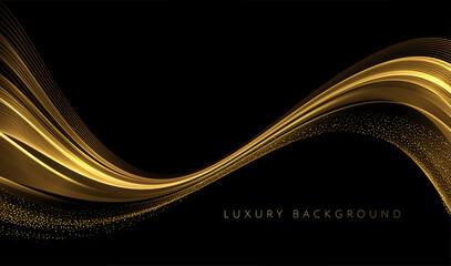 Poster - Abstract Gold Waves. Shiny golden moving lines design element with glitter effect on dark background for greeting card and disqount voucher.