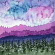 An original watercolor painting by Robbin Siembieda..An abstract forest with stormy skies and pink and purple mountains.