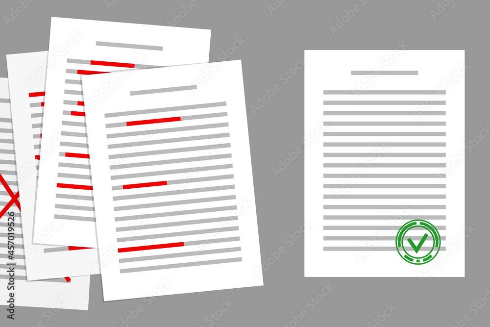 Correction File Stack of papers with red corrections, and final corrected document ...