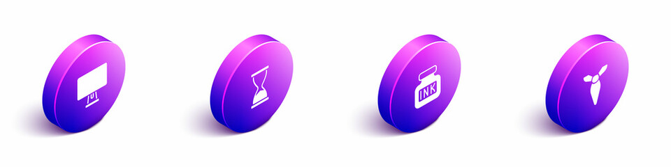 Poster - Set Isometric Computer monitor, Old hourglass, Inkwell and Tie icon. Vector