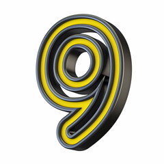 Poster - Yellow black outlined font Number 9 NINE 3D