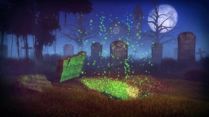 Wall Mural - abandoned old spooky cemetery with supernatural magical firefly lights flying above freshly dug empt