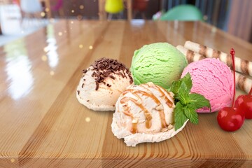 Poster - Set of various colorful Ice Cream scoops with different flavors and fresh ingredients