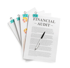 Fototapete - Stack of financial audit documents on white background