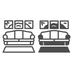 Poster - Carpet, sofa, panoramic painting line and solid icon, design concept, couch in living room vector sign on white background, outline style icon for mobile concept and web design. Vector graphics.