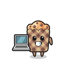 Poster - Mascot Illustration of muffin with a laptop