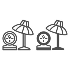 Poster - Table lamp and clock line and solid icon, interior design concept, desk lamp and shelf clock vector sign on white background, outline style icon for mobile concept and web design. Vector graphics.