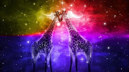 Wall Mural - Fantasy two Giraffes are meeting against a colorful cloudy background