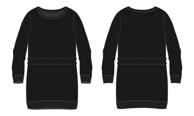 Women's long Oversize Cotton fleece jersey Sweater  technical Flat sketch vector illustration template. Apparel sweater Black color Mock up front, back views Isolated on white Background. Women's CAD