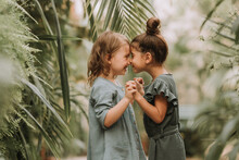 Two Cute Smiling Little Girls Belonging To Different Races, In Linen Clothes, Holding Hands And Walking In The Botanical Garden. Children Explore Tropical Plants And Flowers In The Greenhouse.