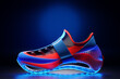 3d illustration blue and red new sports sneakers  on a huge foam sole under neon color , sneakers in an ugly style.ashionable sneakers.