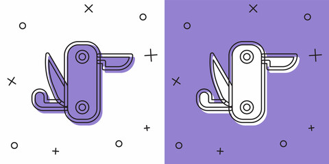 Set Swiss army knife icon isolated on white and purple background. Multi-tool, multipurpose penknife. Multifunctional tool. Vector