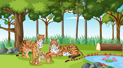 Sticker - Tiger family in forest or rainforest scene with many trees