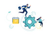 © VASYL - Sports businessman on a business treadmill with of gears. Concept of achieving business goal, man winner. Blue creative design, background. Social digital network, movement. Vector illustration icons