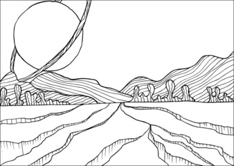 Wall Mural - Doodle alien fantasy crater landscape coloring page for adults. Fantastic graphic artwork. Hand drawn illustration