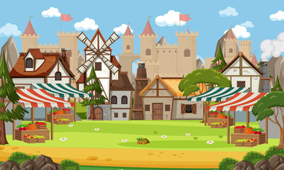 Wall Mural - Medieval town scene with market place