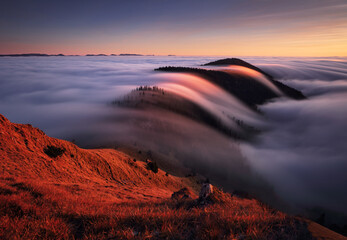 Wall Mural - mountain landscape above clouds at sunset in slovakia with forest and sun