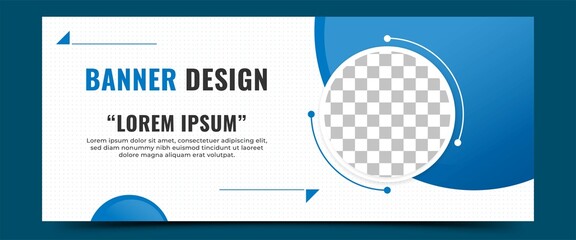 Wall Mural - Horizontal banner template for business. Editable modern banner with blue circle shape and place for the photo. Usable for social media cover, header, and banner.