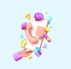 Aufkleber - Social media creative idea 3d concept with realistic design. Online social network. Business communication applications. Marketing time. In hand Mobile phone with volumetric icons. Vector illustration