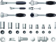 Realistic socket wrench kit + bolts – easy to edit