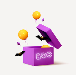 Poster - Happy Halloween. Open box with a gift, air helium yellow balloons, bat, neon boo lettering. Realistic 3d design in cartoon style. Vector illustration