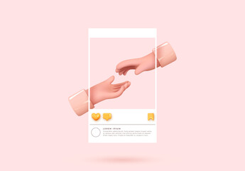 Poster - Social media posters template. Realistic 3d design. Pink background. Abstract creative concept. The hand reaches for the hand. Vector illustration
