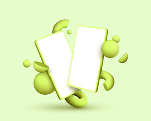 Poster - Smartphone Social Media with clean white screen borders for inserts. Green Mobile phone. Realistic 3d geometric objects. Vector illustration