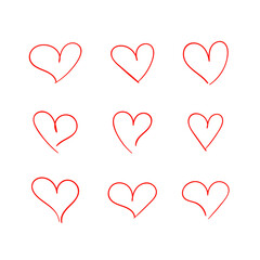Wall Mural - vector hand drawn hearts set, doodle drawings love symbols, isolated on white background red outline