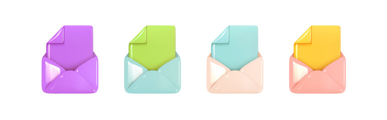 Poster - Set of Open Email envelope icon with document. Post mail letter. Multicolored realistic 3d design isolated. Vector illustration