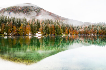 Between autumn and winter. Warm and cold reflections of snow on Lake Fusine.