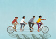 © fStop - Friends riding tandem bicycle on blue background